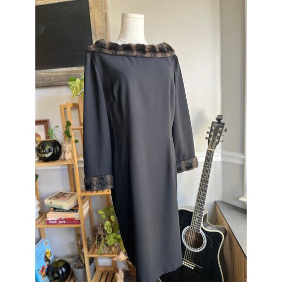 Vintage 90s Black Faux Fur Boat Neck Evening Gown Dress Size Large - Picture 3 of 5